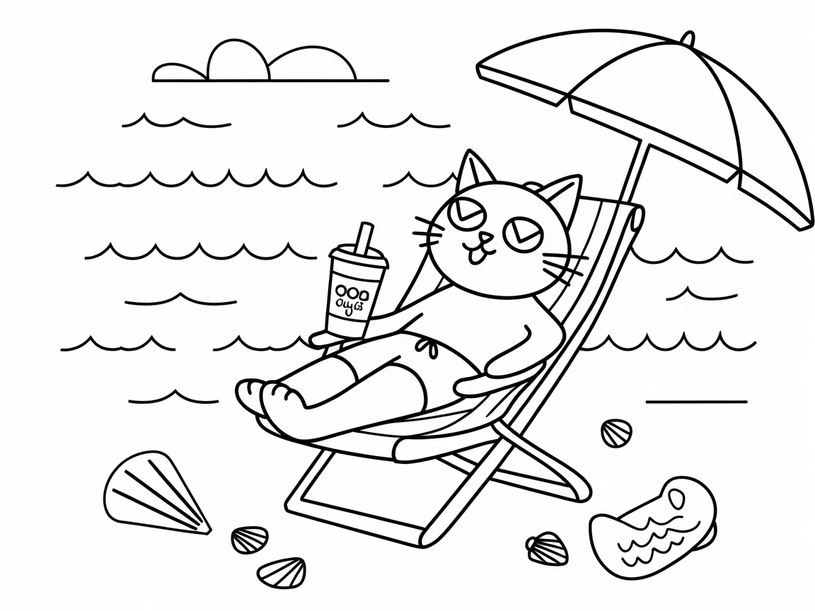 Chill Cat Enjoying Boba by the Beach