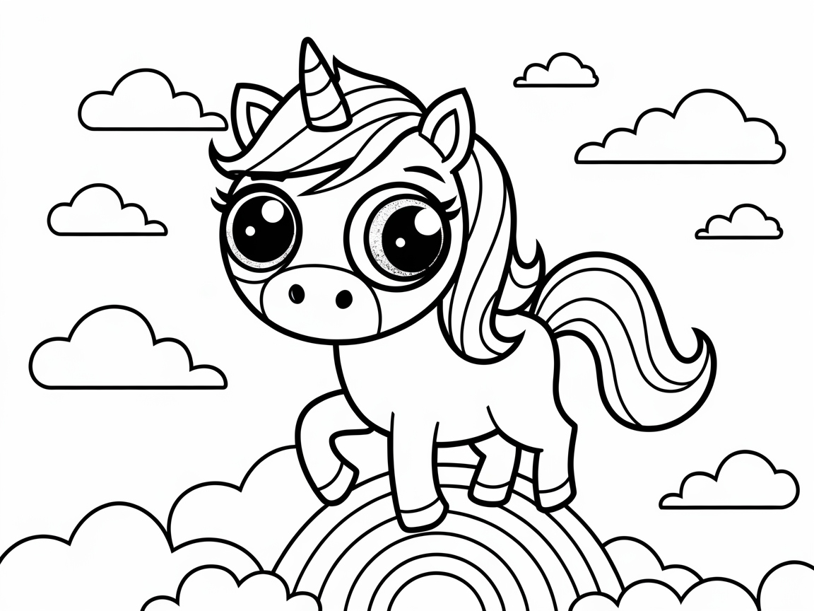 Whimsical Big-Eyed Unicorn on a Rainbow