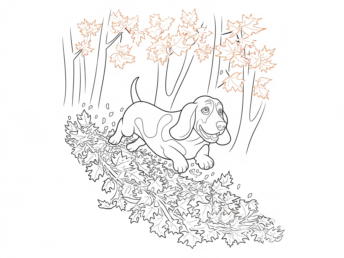 Playful Basset Hound Frolicking in Autumn Leaves