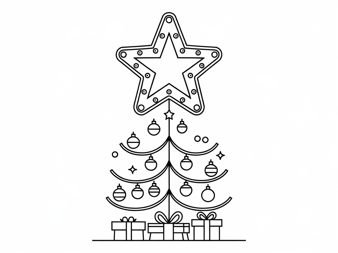 Star-Studded Christmas Tree with Ornaments and Gifts
