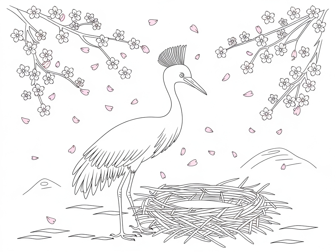 Elegant Crane in a Blossom-Filled Landscape