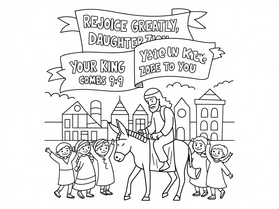 Joyful Entry Coloring Page with King on a Donkey