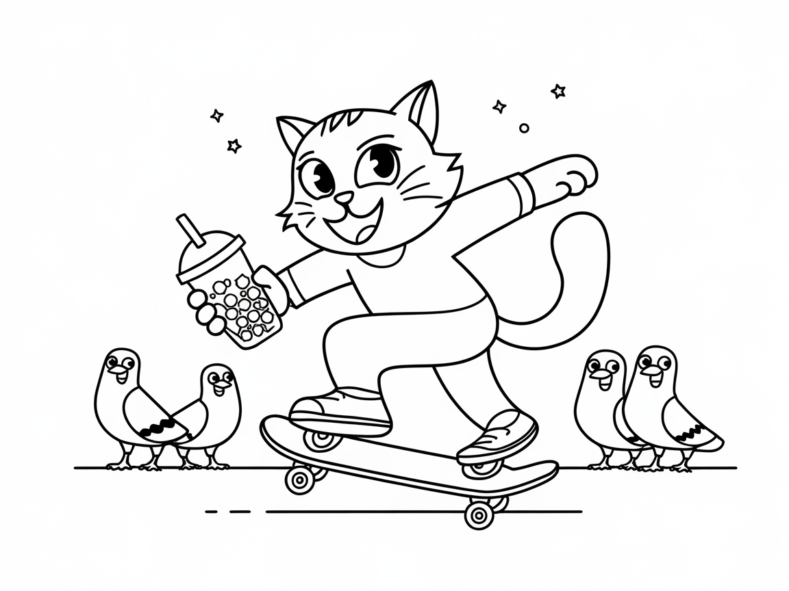 Skateboarding Cat Enjoying Boba with Friends