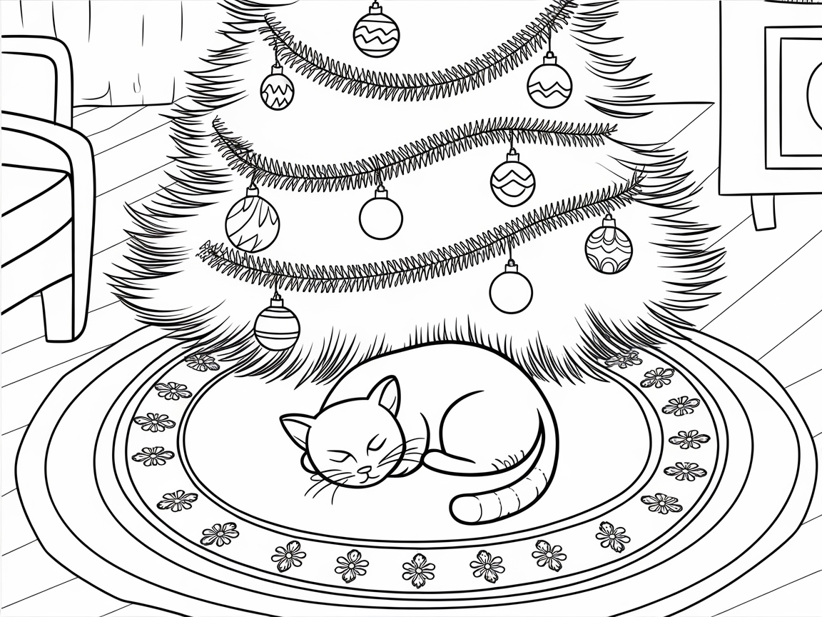 Cozy Cat Under the Christmas Tree Coloring Delight