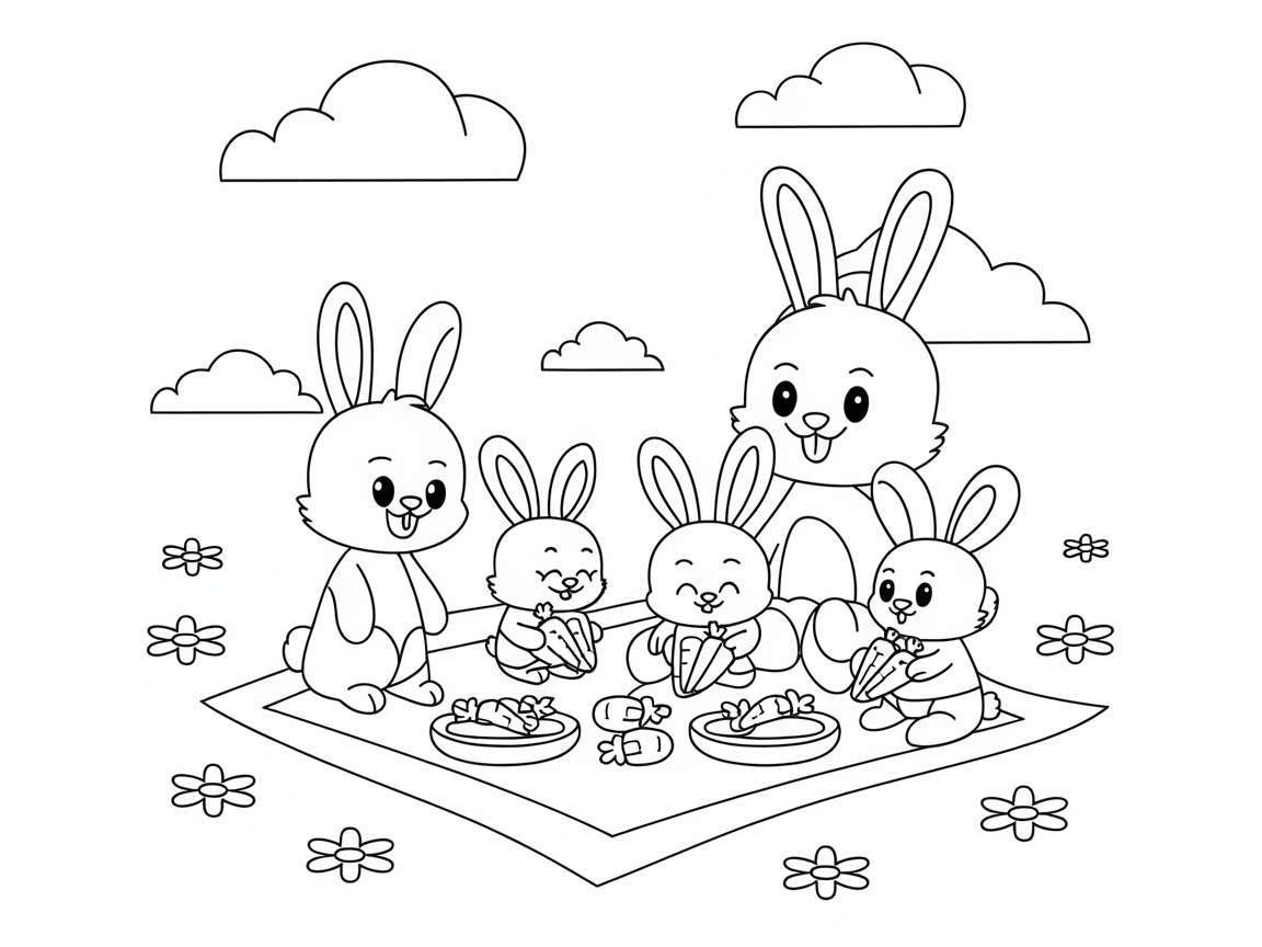 Adorable Bunny Picnic Coloring Page
