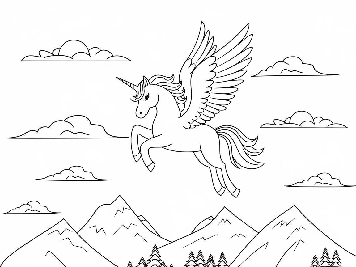 Majestic Flying Unicorn Over Mountain Peaks