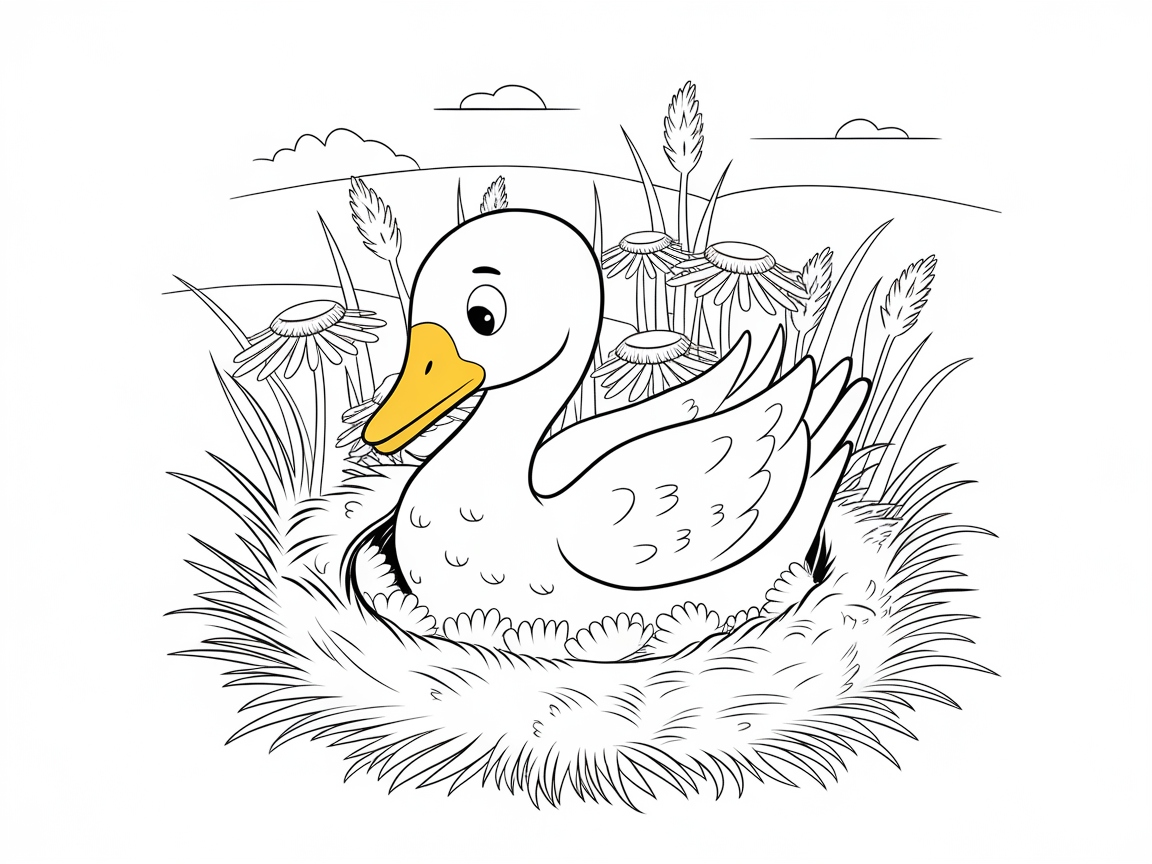 Content Duck Resting Among the Daisies