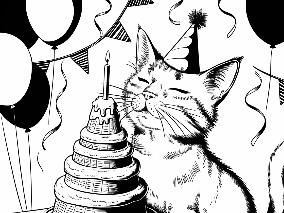 Birthday Party Cat with Celebration Cake