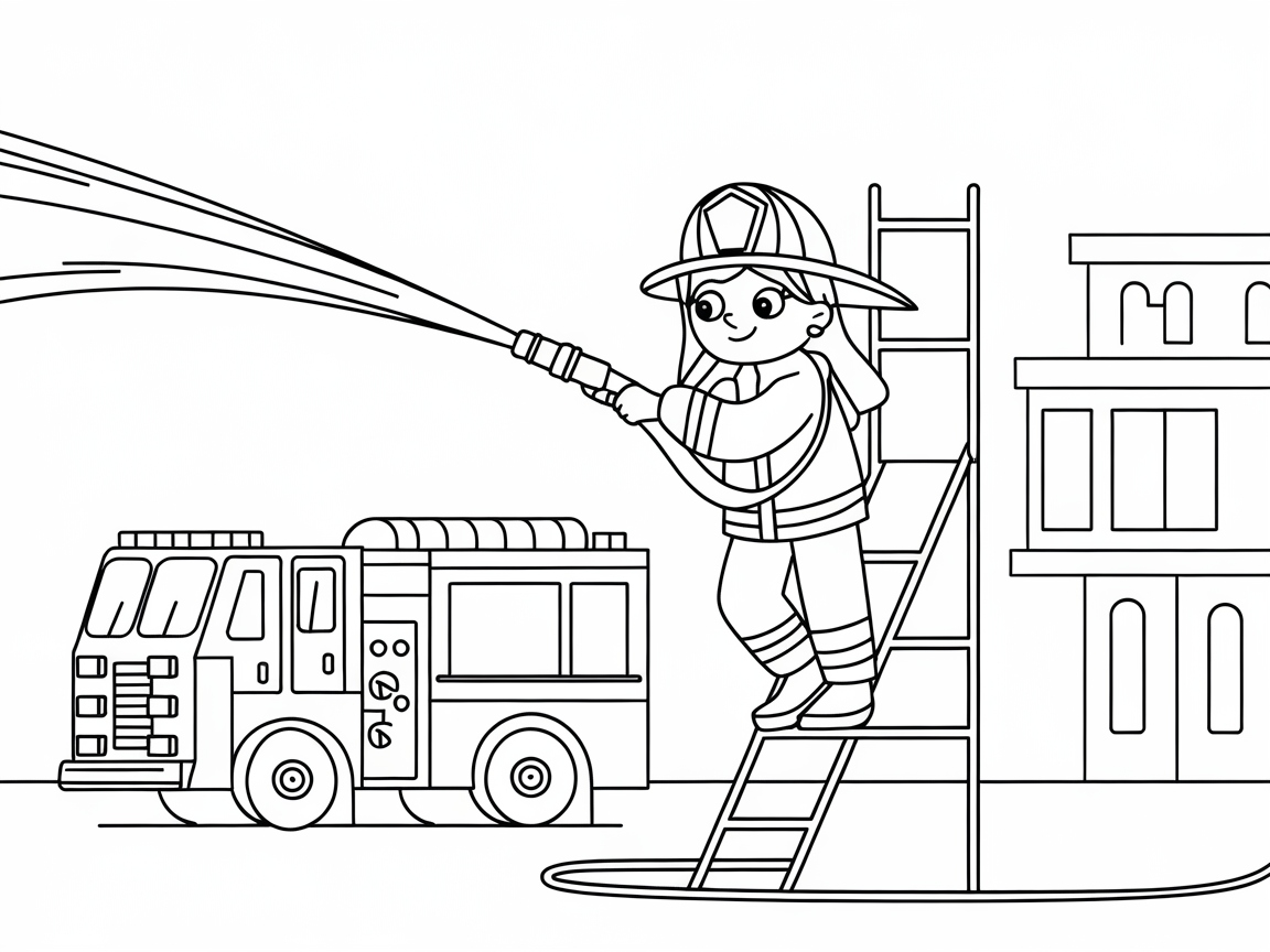 Brave Young Firefighter in Action Coloring Page