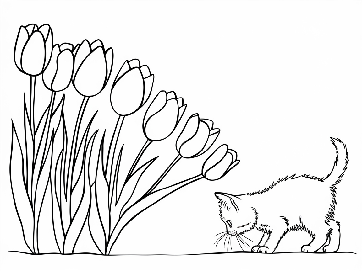 Explore Spring with This Curious Kitten and Tulips Scene