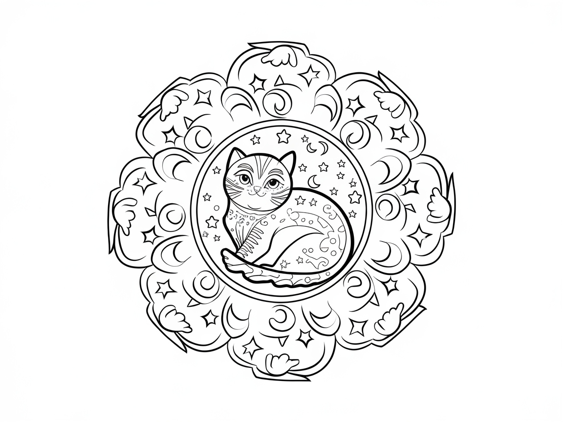 Whimsical Starry Cat Mandala