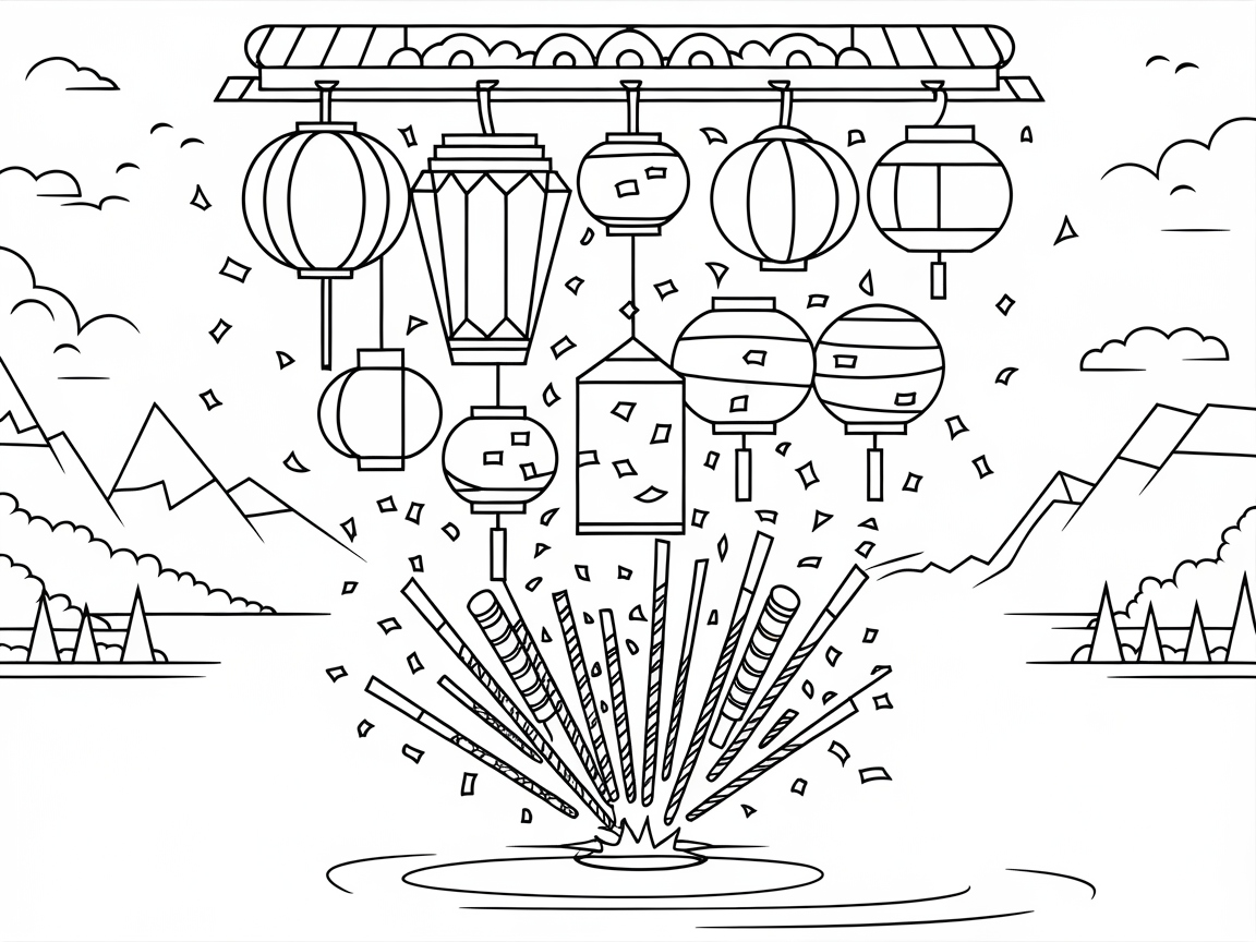 Vibrant Lantern Display with Burst of Fireworks
