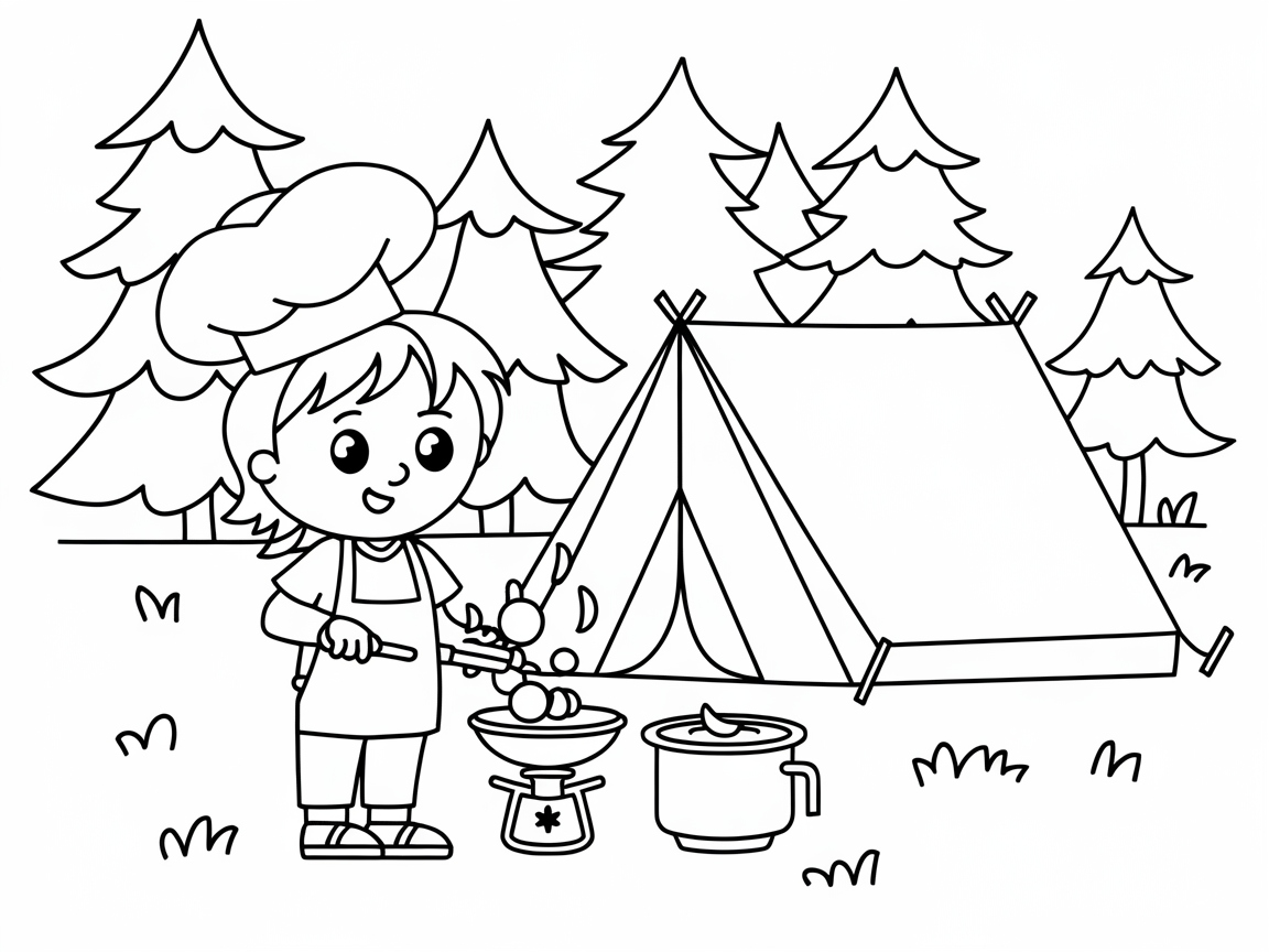Enjoy a Camping Cookout with This Young Chef Coloring Page