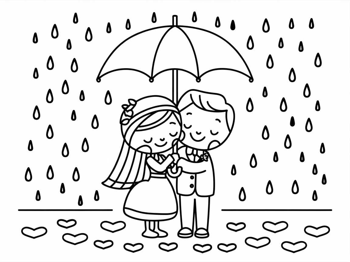 Romantic Rainy Day Wedding Scene to Color