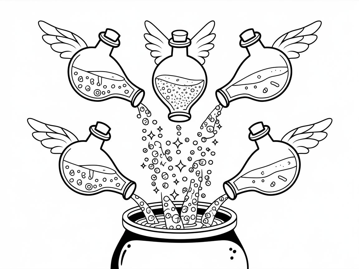Unleash Magic with This Flying Potion Bottles Coloring Page