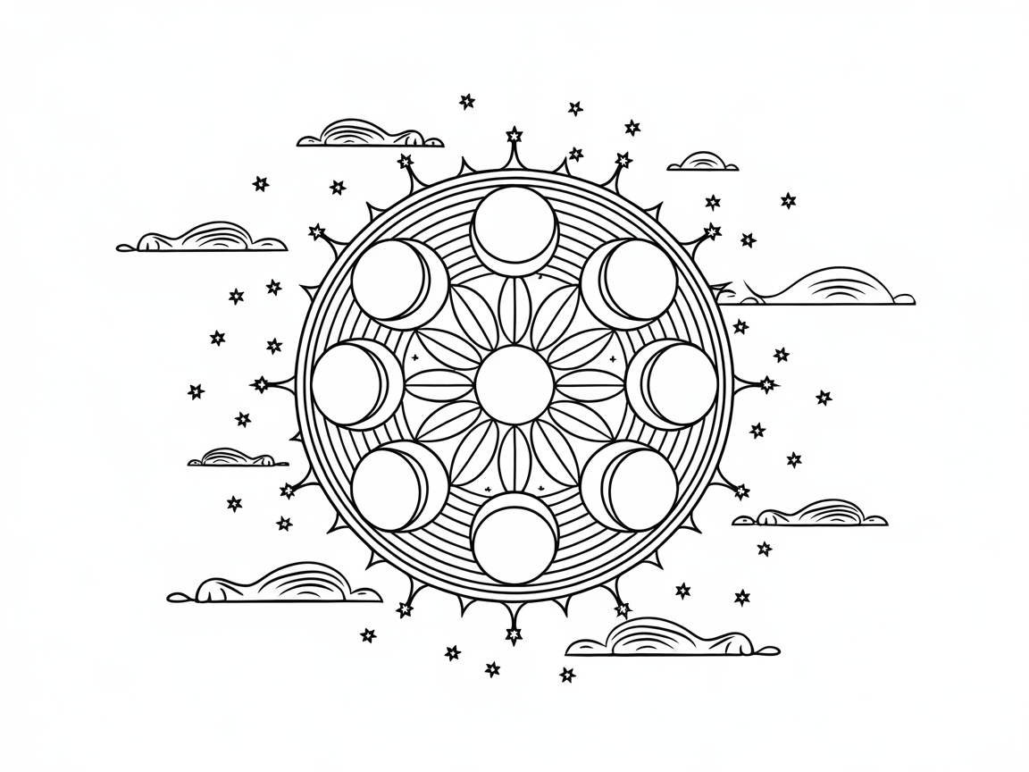 Lunar Phases Mandala with Cosmic Clouds