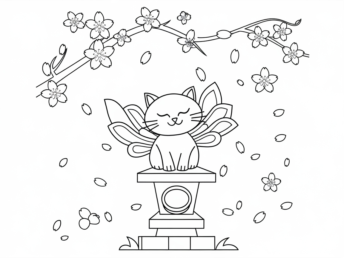 Tranquil Winged Cat Amid Cherry Blossoms