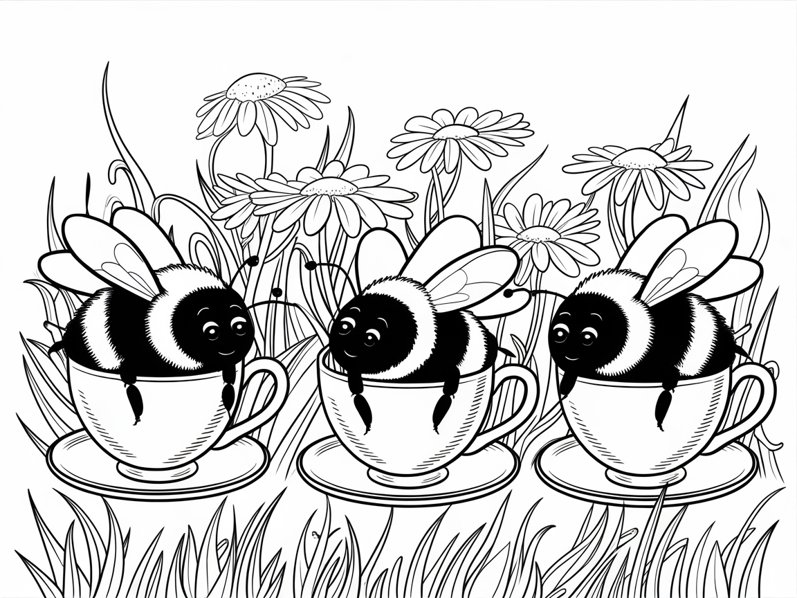 Cute Bees Sipping Tea in a Flower Garden