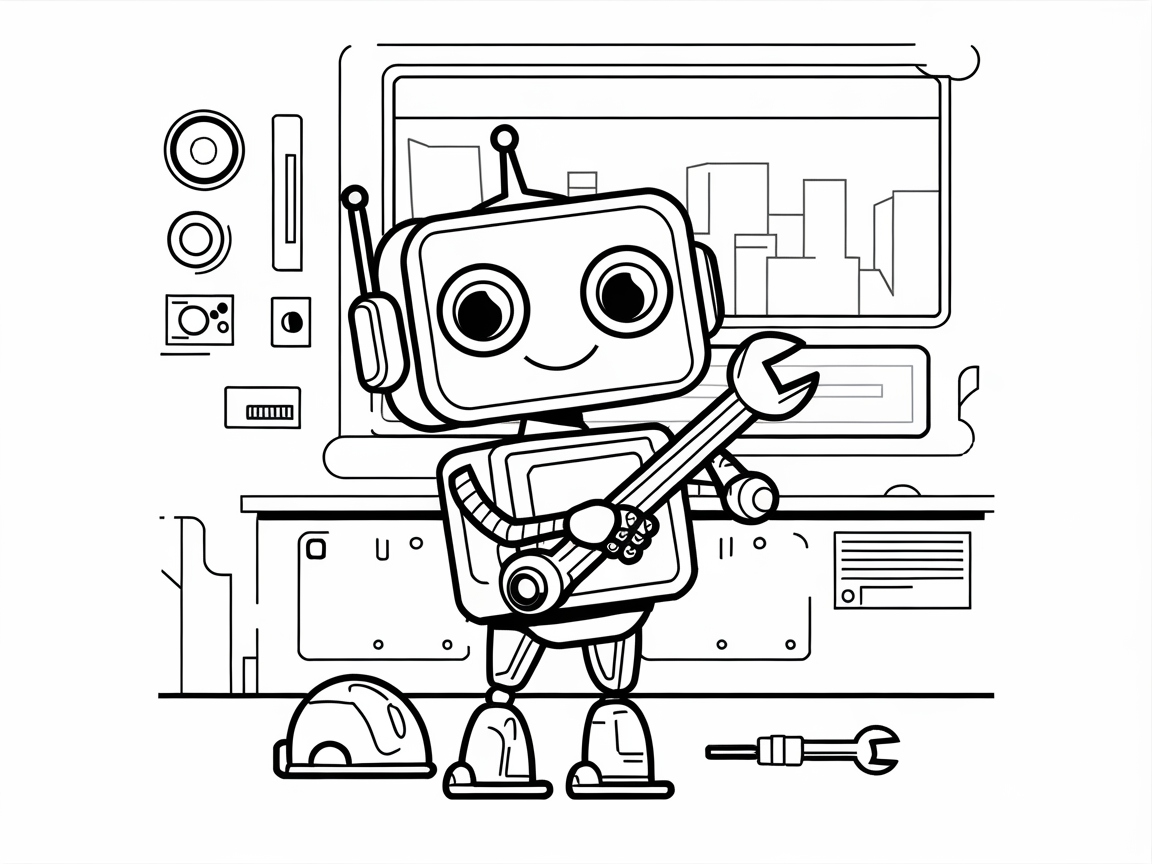 Charming Big-Eyed Robot in a Workshop