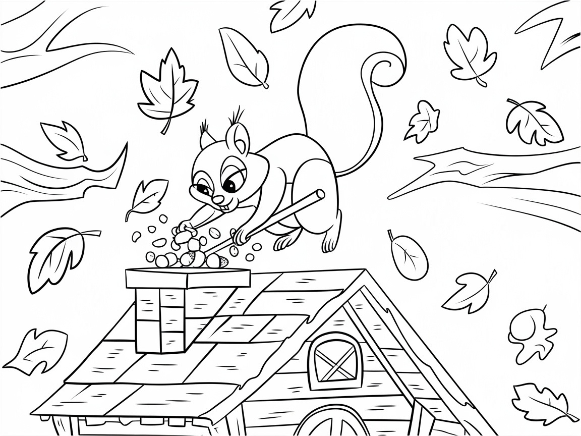 Playful Squirrel Gathering on a Chimney Coloring Page