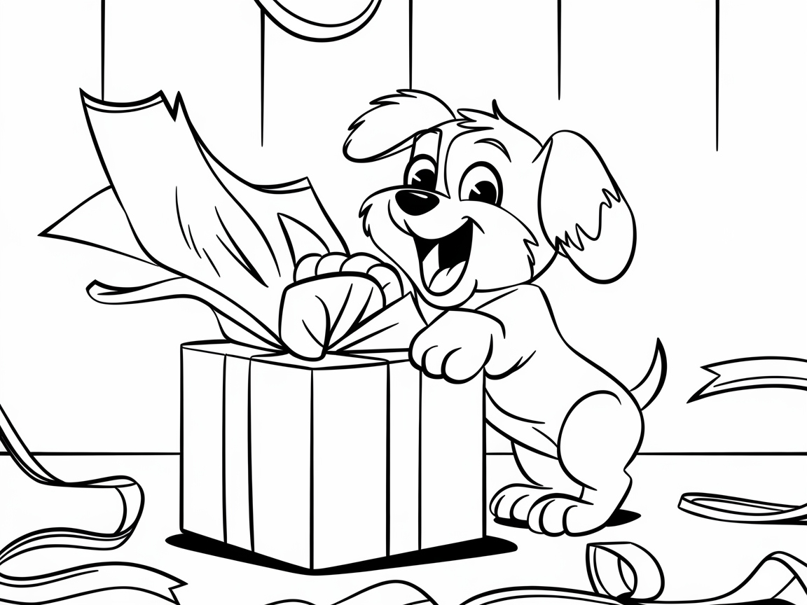Joyful Puppy Unwrapping a Gift