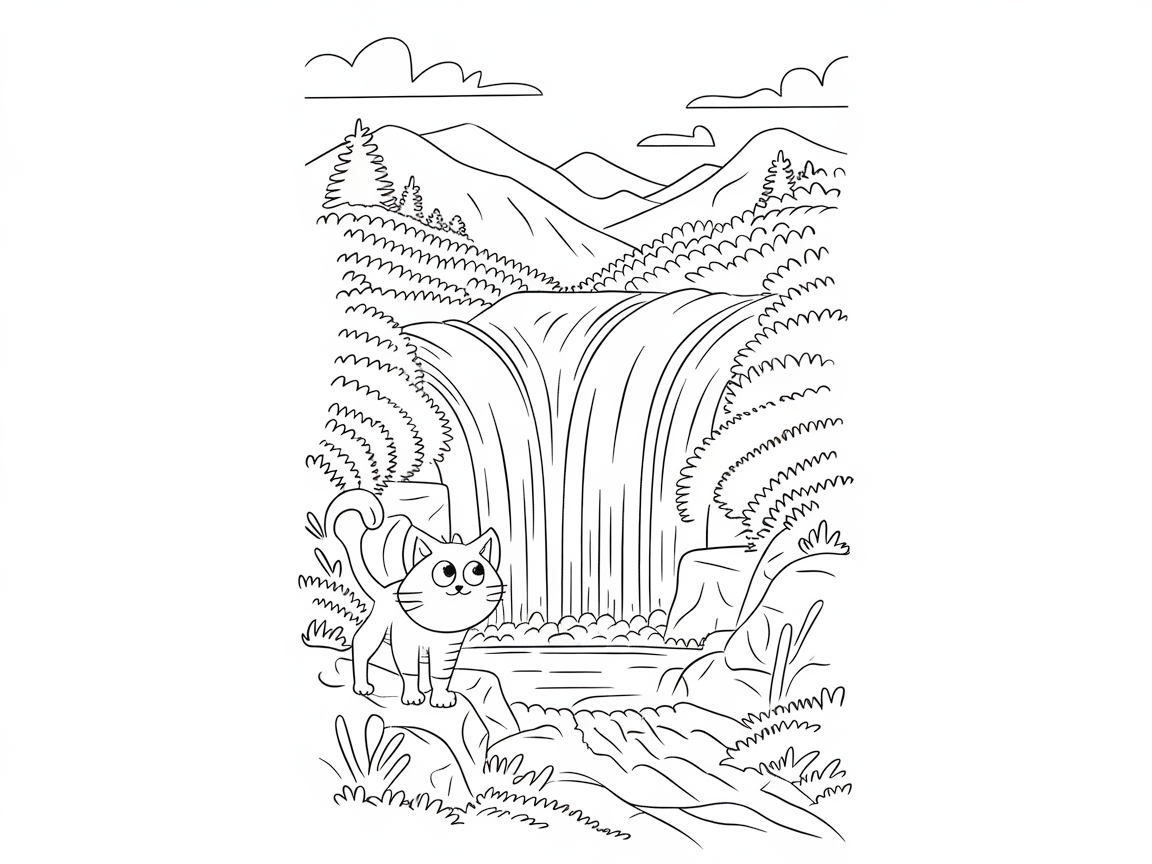 Discover Adventure with This Curious Cat by the Waterfall
