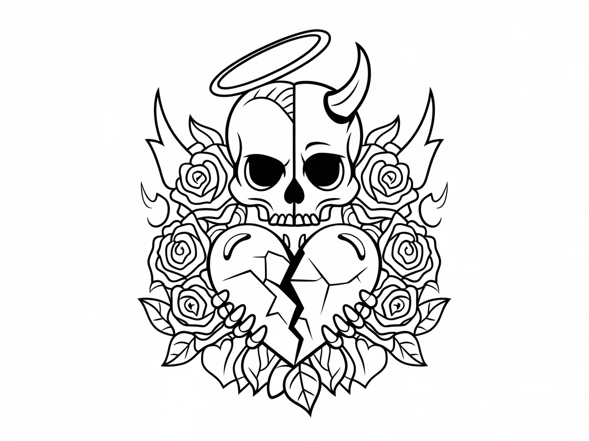 Angel and Demon Skull with Broken Heart for Thematic Coloring