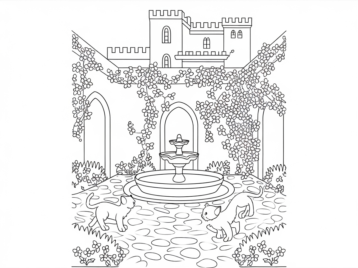 Explore a Peaceful Castle Garden with Playful Cats