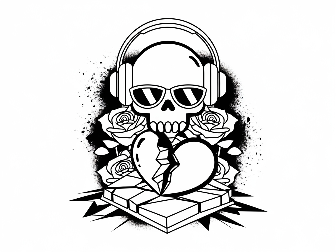 Edgy Skull with Headphones and Roses for Vibrant Coloring