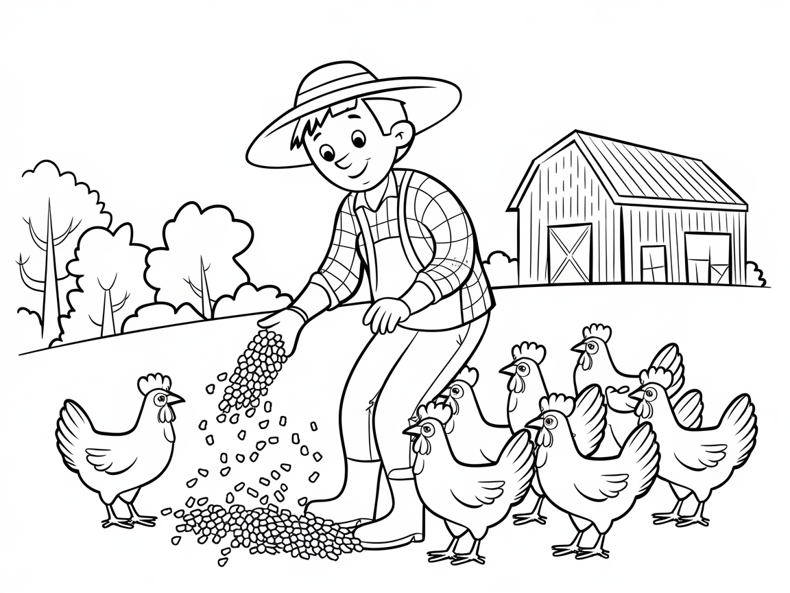 Farmer Feeding Chickens Coloring Page