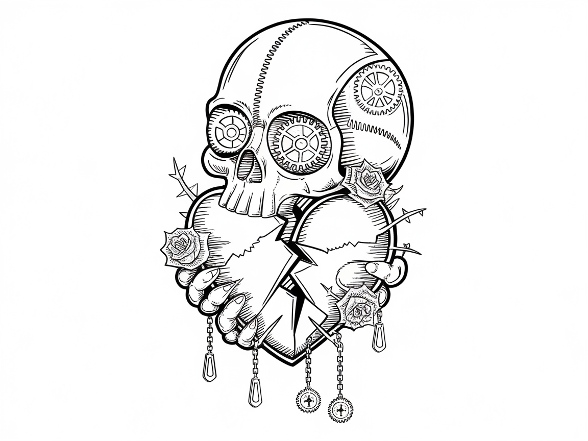 Industrial-Chic Skull with Heart and Roses for Bold Coloring