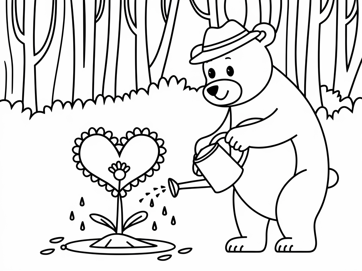 Gardener Bear Cultivating a Heart-Shaped Blossom