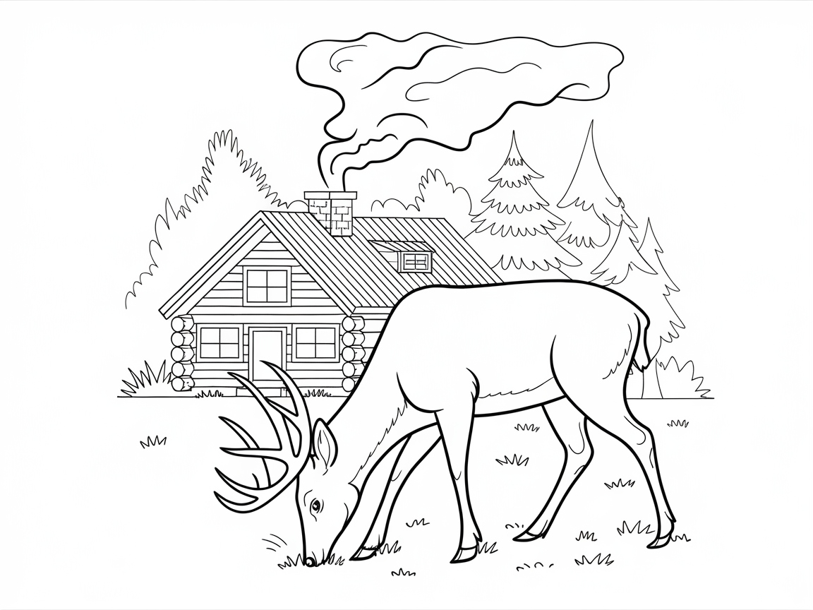 Peaceful Buck Grazing by a Rustic Cabin