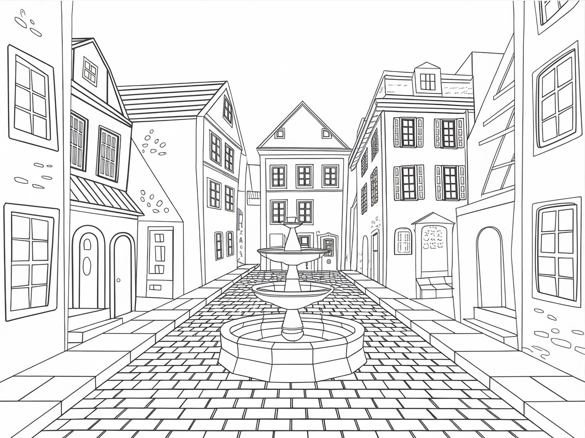 Charming European Street with Majestic Fountain