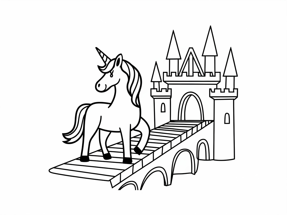 Magical Unicorn Crossing the Castle Bridge