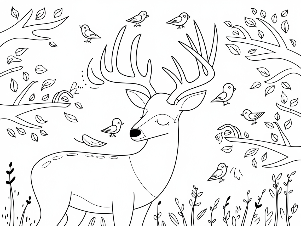 Charming Buck Surrounded by Chirping Birds