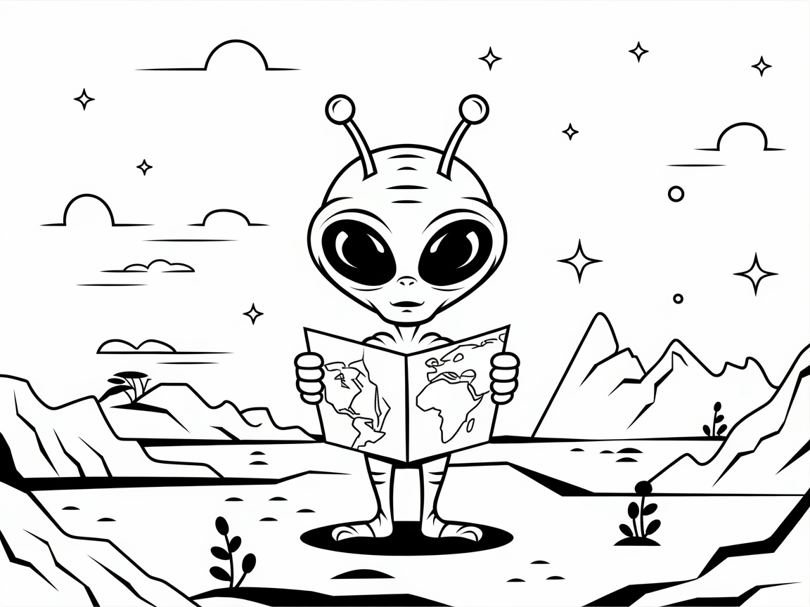 Adventurous Big-Eyed Alien Exploring a Cosmic Landscape