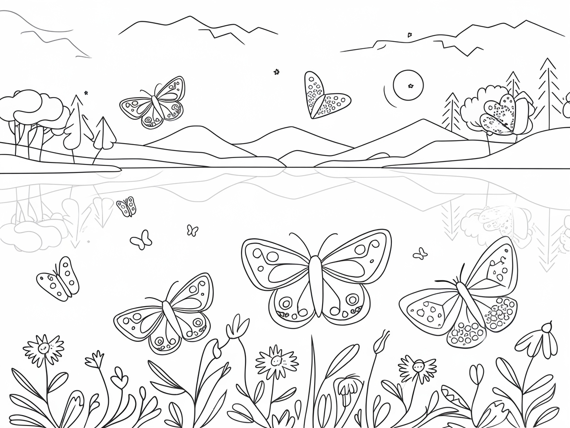 Butterflies by the Lake: A Serene Coloring Scene