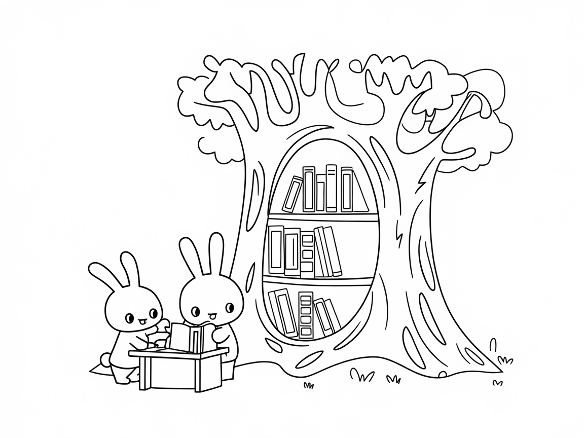 Whimsical Tree Library with Bunny Friends