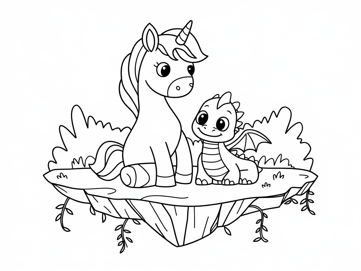 Charming Unicorn and Dragon Duo on a Floating Island
