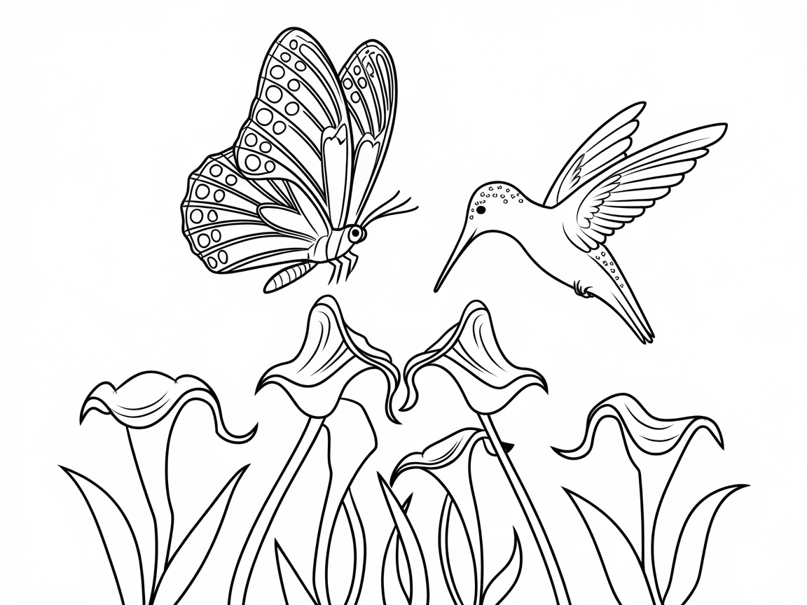Charming Butterfly and Hummingbird Dance Above Flowers