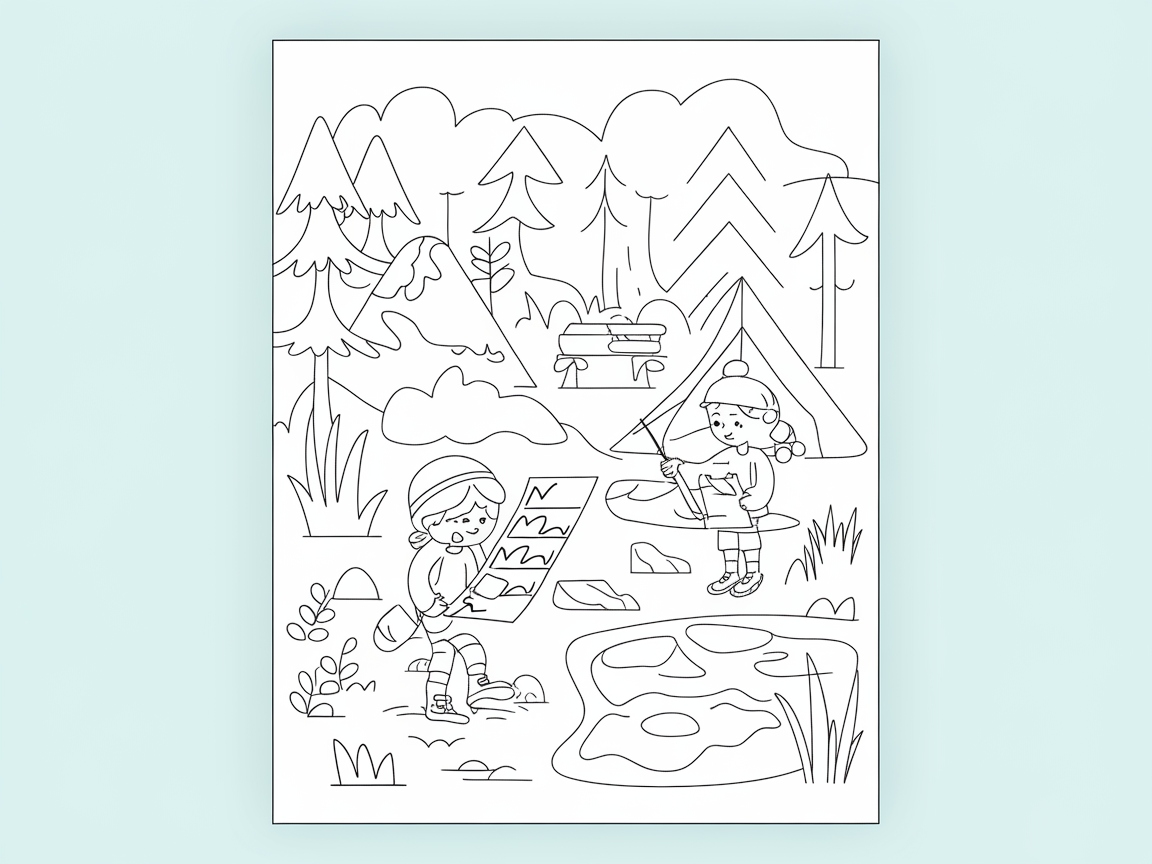 Map Reading Adventure in a Forested Campsite