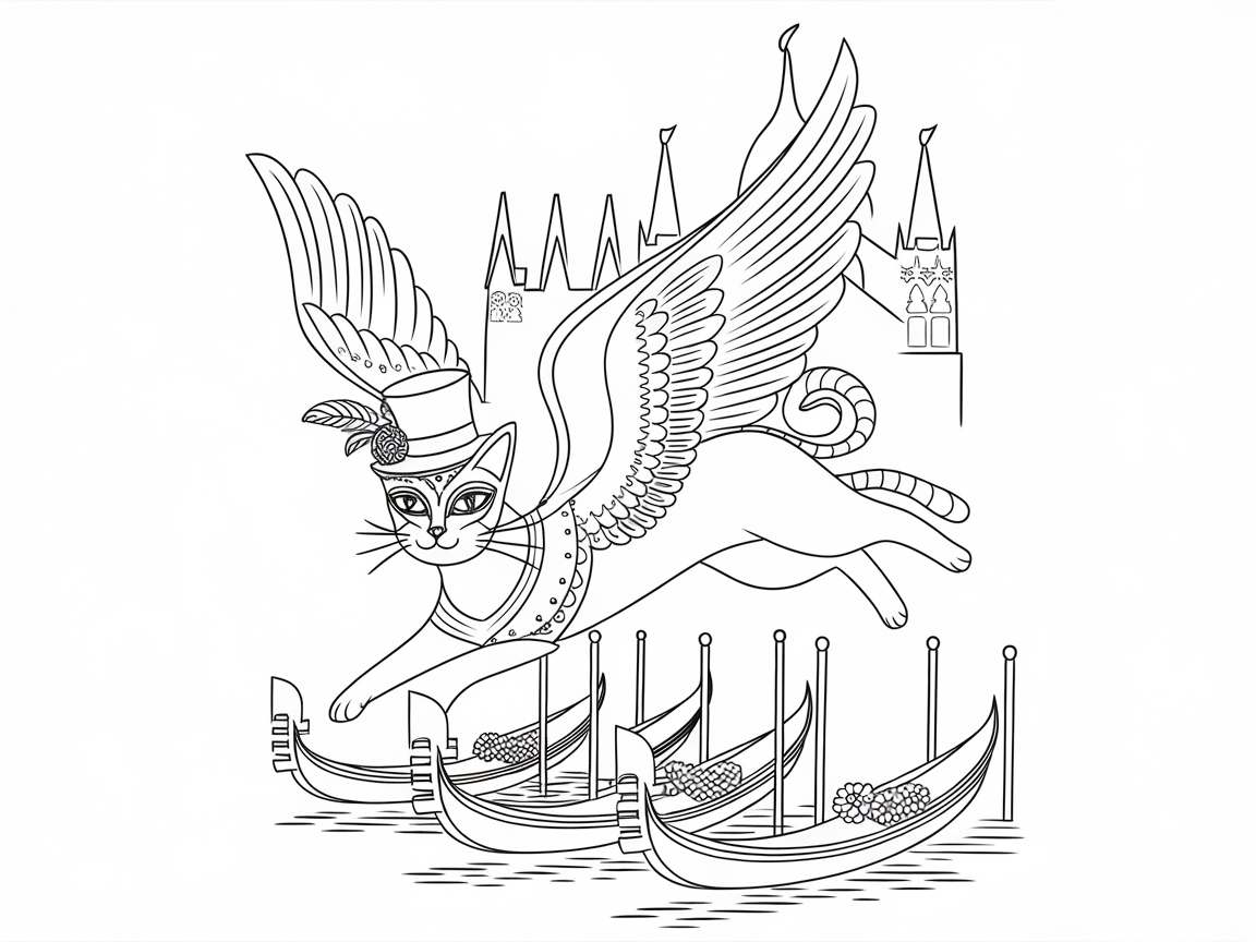 Venetian Winged Cat Gliding Above Gondolas