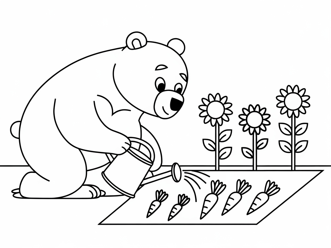 Gardening Bear with Blossoming Sunflowers