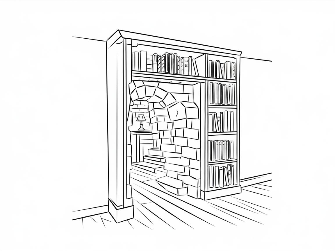 Discover Hidden Mysteries: Secret Bookshelf Passage Coloring Page