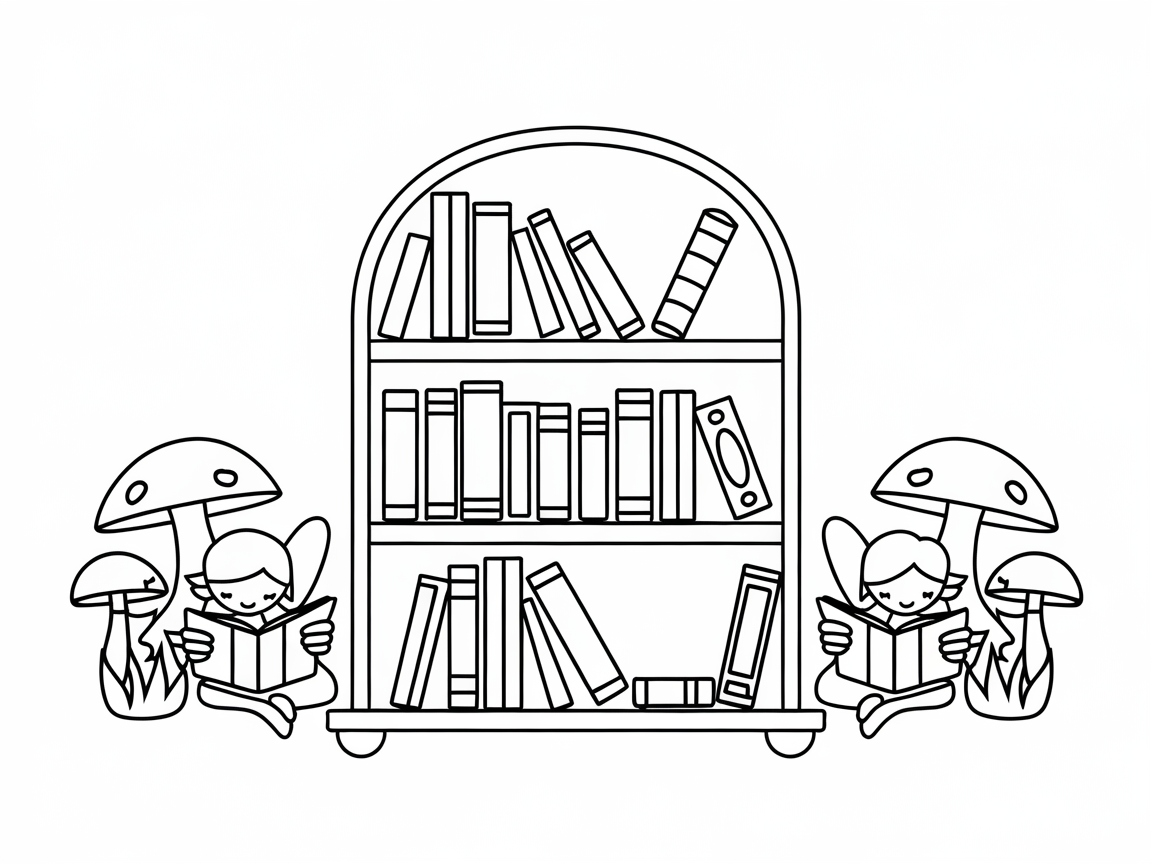 Enchanting Bookshelf with Reading Fairies