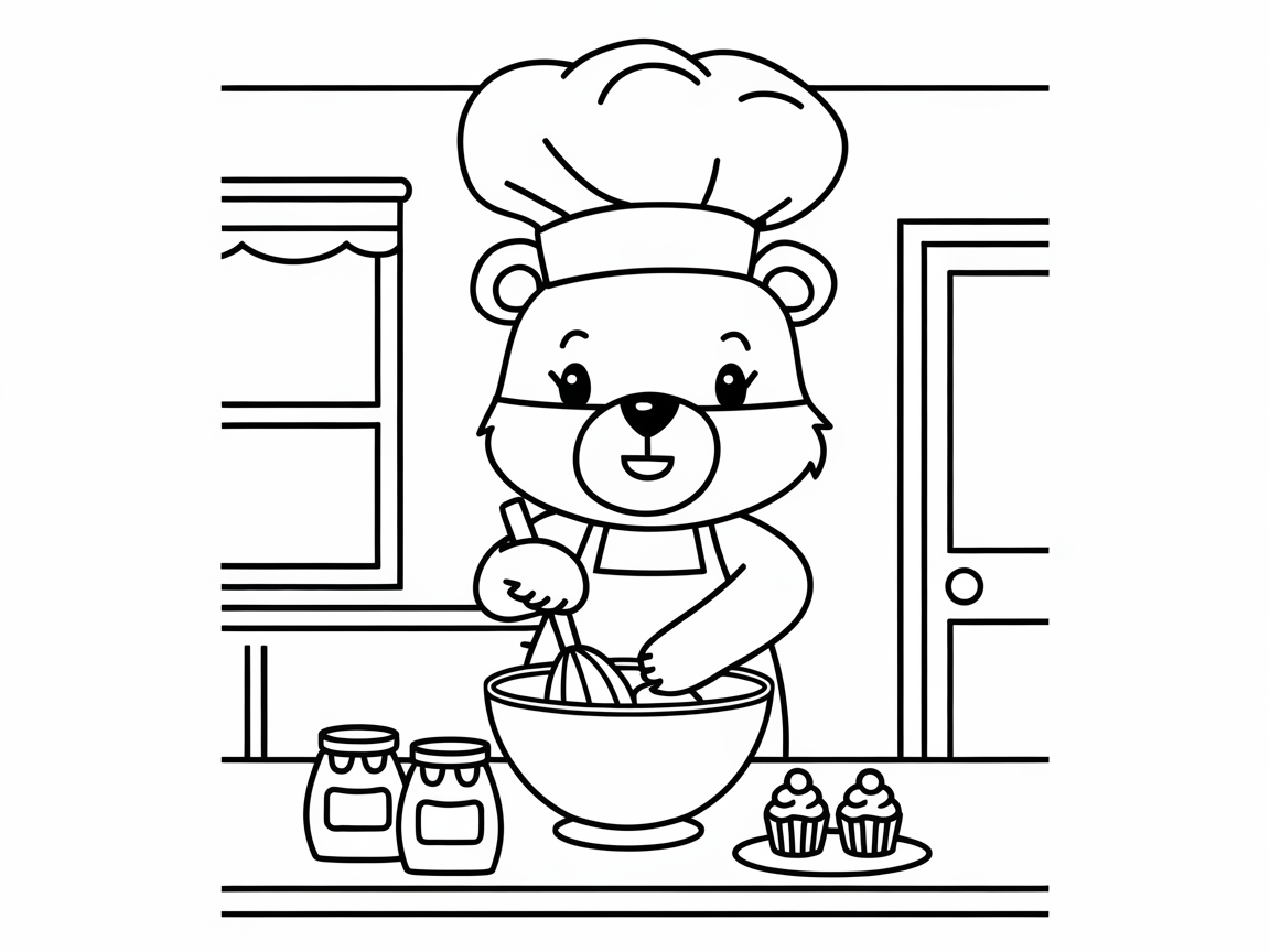 Bake with the Bear: Fun Kitchen Coloring Page