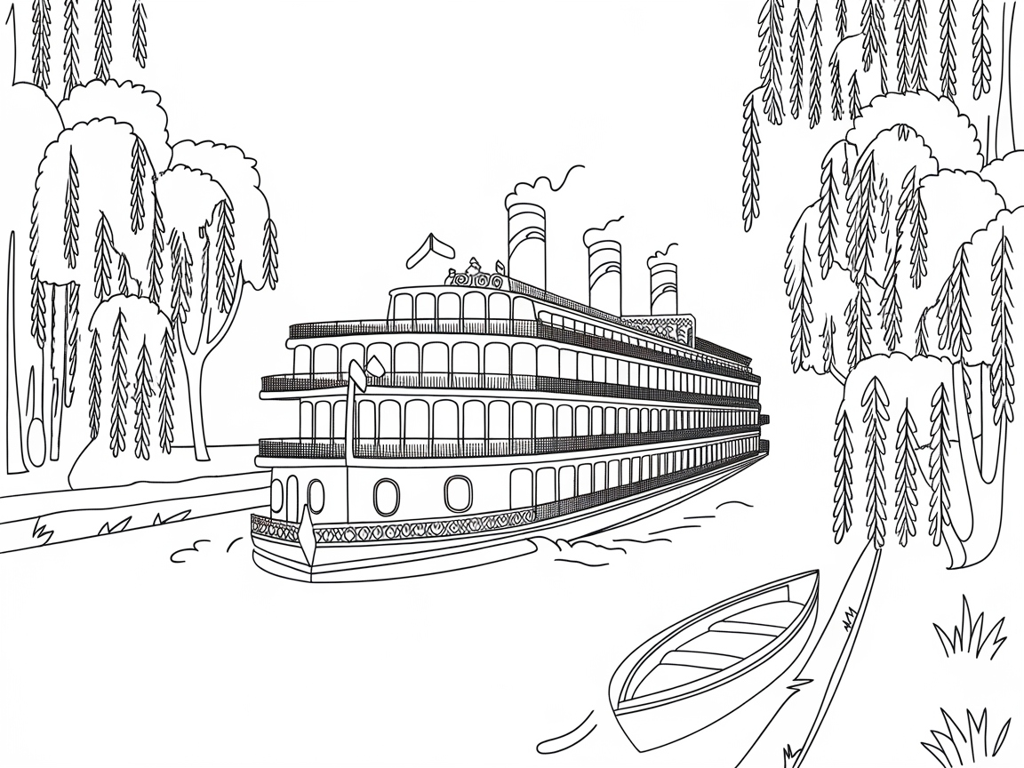 Charming Riverboat Scene for Coloring