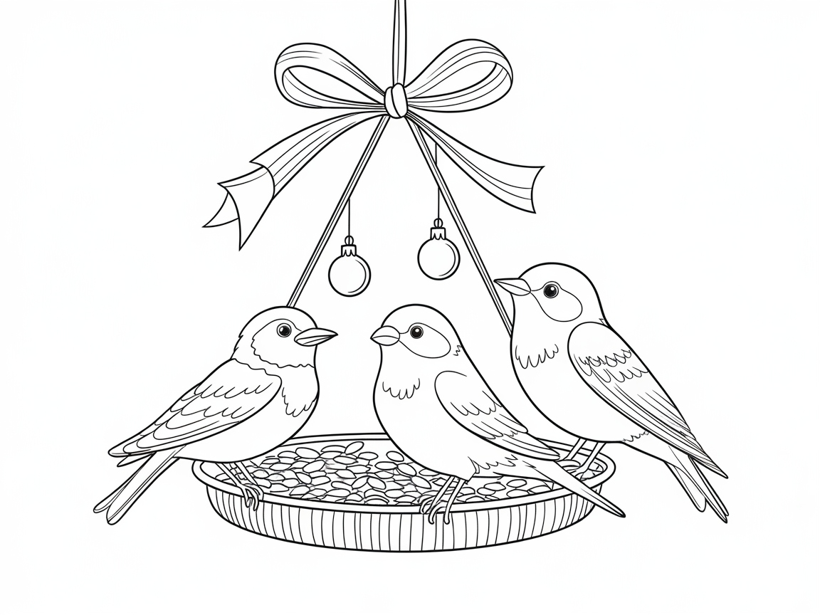Trio of Birds at a Festive Hanging Feeder