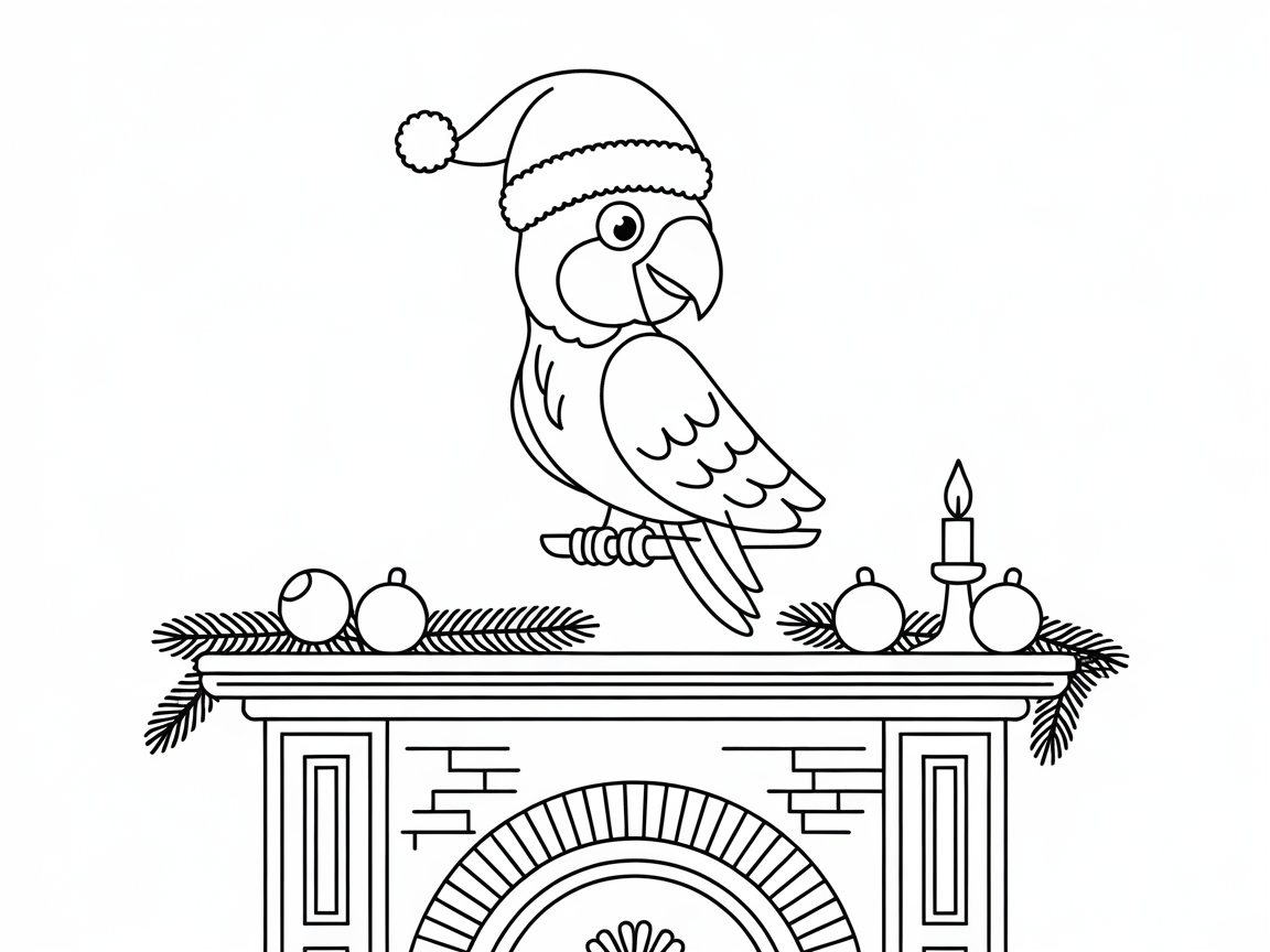 Festive Parrot Perched by the Fireplace